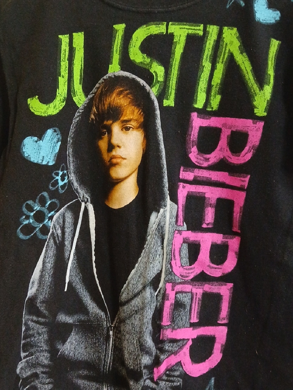 Justin Bieber Black Tee with Neon Green and Pink Graphic Size Small